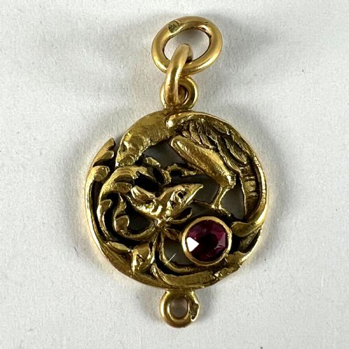 FRENCH ART NOUVEAU GRIFFON CHIMERA 18 KARAT YELLOW GOLD RUBY CHARM PENDANT - ADDITIONAL PHOTO 11