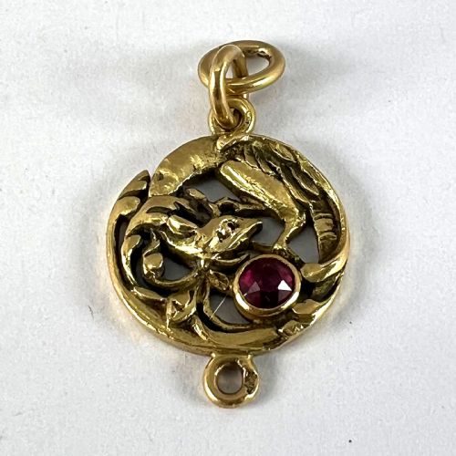 FRENCH ART NOUVEAU GRIFFON CHIMERA 18 KARAT YELLOW GOLD RUBY CHARM PENDANT - ADDITIONAL PHOTO 12