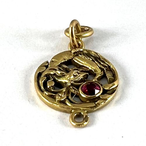 FRENCH ART NOUVEAU GRIFFON CHIMERA 18 KARAT YELLOW GOLD RUBY CHARM PENDANT - ADDITIONAL PHOTO 13