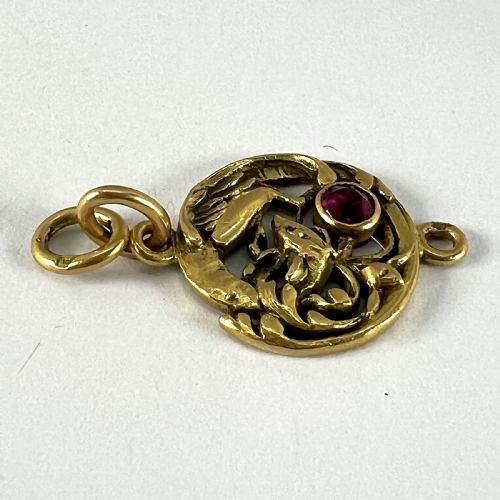 FRENCH ART NOUVEAU GRIFFON CHIMERA 18 KARAT YELLOW GOLD RUBY CHARM PENDANT - ADDITIONAL PHOTO 14