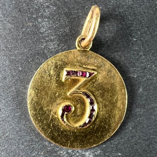 LUCKY 'NUMBER 3' BAGUETTE CUT RUBY 18K YELLOW GOLD GOOD LUCK CHARM PENDANT - ADDITIONAL PHOTO 1