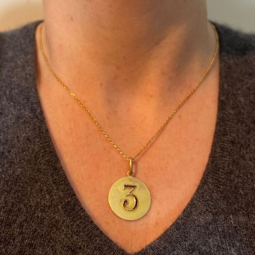 LUCKY 'NUMBER 3' BAGUETTE CUT RUBY 18K YELLOW GOLD GOOD LUCK CHARM PENDANT - ADDITIONAL PHOTO 3