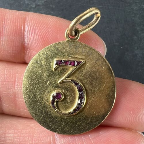 LUCKY 'NUMBER 3' BAGUETTE CUT RUBY 18K YELLOW GOLD GOOD LUCK CHARM PENDANT - ADDITIONAL PHOTO 4