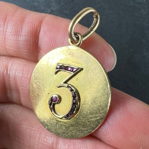 LUCKY 'NUMBER 3' BAGUETTE CUT RUBY 18K YELLOW GOLD GOOD LUCK CHARM PENDANT - ADDITIONAL PHOTO 5