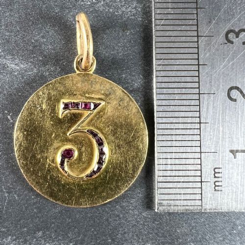 LUCKY 'NUMBER 3' BAGUETTE CUT RUBY 18K YELLOW GOLD GOOD LUCK CHARM PENDANT - ADDITIONAL PHOTO 9