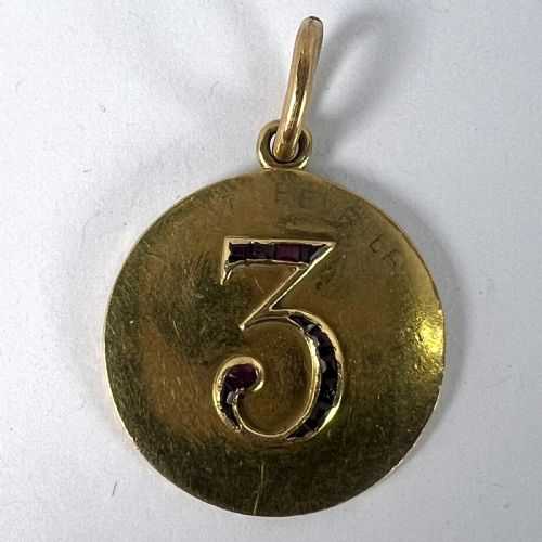 LUCKY 'NUMBER 3' BAGUETTE CUT RUBY 18K YELLOW GOLD GOOD LUCK CHARM PENDANT - ADDITIONAL PHOTO 10