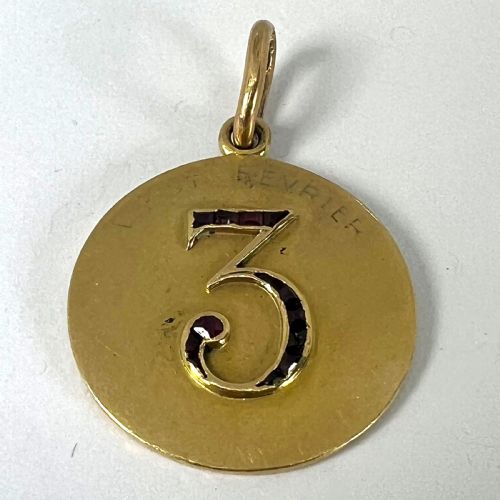 LUCKY 'NUMBER 3' BAGUETTE CUT RUBY 18K YELLOW GOLD GOOD LUCK CHARM PENDANT - ADDITIONAL PHOTO 11