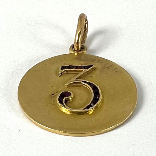 LUCKY 'NUMBER 3' BAGUETTE CUT RUBY 18K YELLOW GOLD GOOD LUCK CHARM PENDANT - ADDITIONAL PHOTO 12