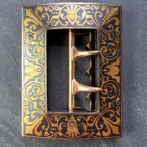 FRENCH TISSOT 18K YELLOW GOLD DAMASCENE STEEL BELT BUCKLE - ADDITIONAL PHOTO 1