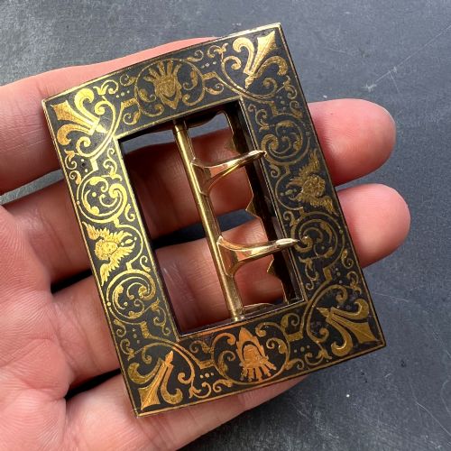 FRENCH TISSOT 18K YELLOW GOLD DAMASCENE STEEL BELT BUCKLE - ADDITIONAL PHOTO 7