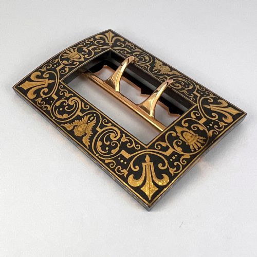 FRENCH TISSOT 18K YELLOW GOLD DAMASCENE STEEL BELT BUCKLE - ADDITIONAL PHOTO 18