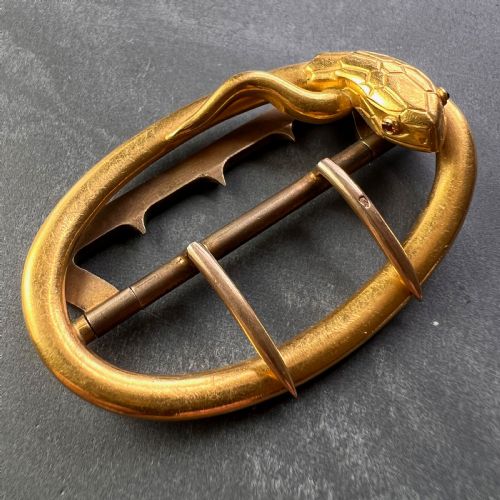 FRENCH 18K YELLOW GOLD SILVER GARNET SNAKE BELT BUCKLE - ADDITIONAL PHOTO 4