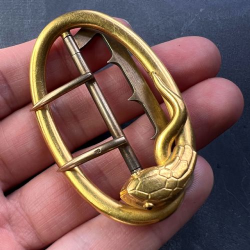 FRENCH 18K YELLOW GOLD SILVER GARNET SNAKE BELT BUCKLE - ADDITIONAL PHOTO 5