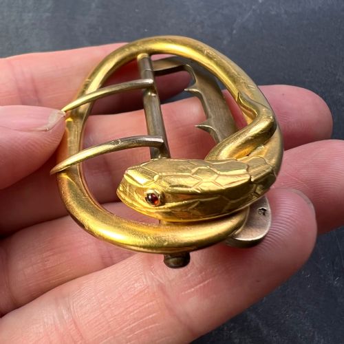FRENCH 18K YELLOW GOLD SILVER GARNET SNAKE BELT BUCKLE - ADDITIONAL PHOTO 6