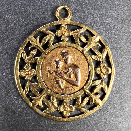 FRENCH DROPSY MADONNA AND CHILD 18K YELLOW ROSE GOLD CHARM PENDANT - ADDITIONAL PHOTO 1