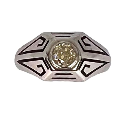 ART DECO TINTED YELLOW DIAMOND 14K WHITE GOLD ENAMEL RING - ADDITIONAL PHOTO 1