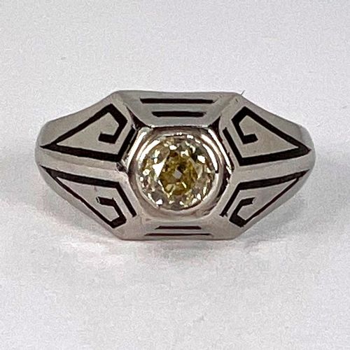 ART DECO TINTED YELLOW DIAMOND 14K WHITE GOLD ENAMEL RING - ADDITIONAL PHOTO 2