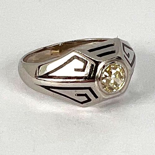 ART DECO TINTED YELLOW DIAMOND 14K WHITE GOLD ENAMEL RING - ADDITIONAL PHOTO 3