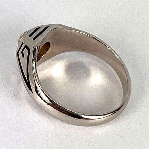 ART DECO TINTED YELLOW DIAMOND 14K WHITE GOLD ENAMEL RING - ADDITIONAL PHOTO 6