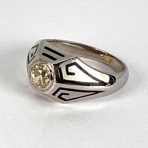 ART DECO TINTED YELLOW DIAMOND 14K WHITE GOLD ENAMEL RING - ADDITIONAL PHOTO 7