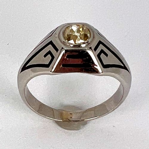 ART DECO TINTED YELLOW DIAMOND 14K WHITE GOLD ENAMEL RING - ADDITIONAL PHOTO 8