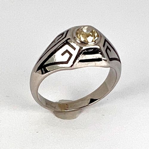 ART DECO TINTED YELLOW DIAMOND 14K WHITE GOLD ENAMEL RING - ADDITIONAL PHOTO 10