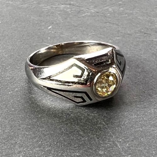 ART DECO TINTED YELLOW DIAMOND 14K WHITE GOLD ENAMEL RING - ADDITIONAL PHOTO 11