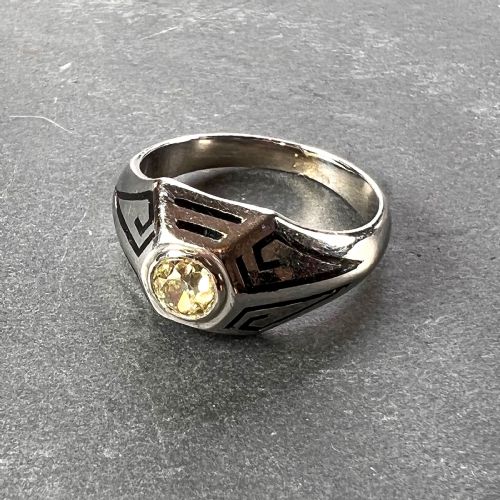 ART DECO TINTED YELLOW DIAMOND 14K WHITE GOLD ENAMEL RING - ADDITIONAL PHOTO 12