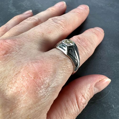 ART DECO TINTED YELLOW DIAMOND 14K WHITE GOLD ENAMEL RING - ADDITIONAL PHOTO 14