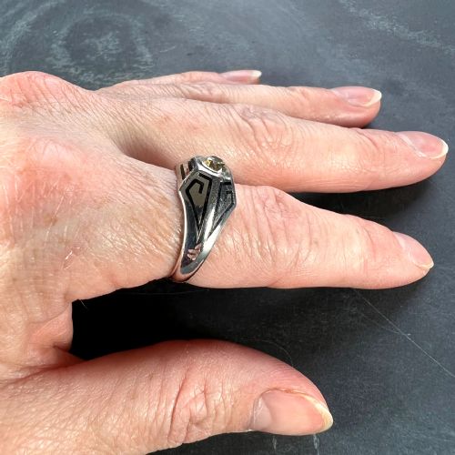 ART DECO TINTED YELLOW DIAMOND 14K WHITE GOLD ENAMEL RING - ADDITIONAL PHOTO 15