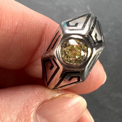 ART DECO TINTED YELLOW DIAMOND 14K WHITE GOLD ENAMEL RING - ADDITIONAL PHOTO 17