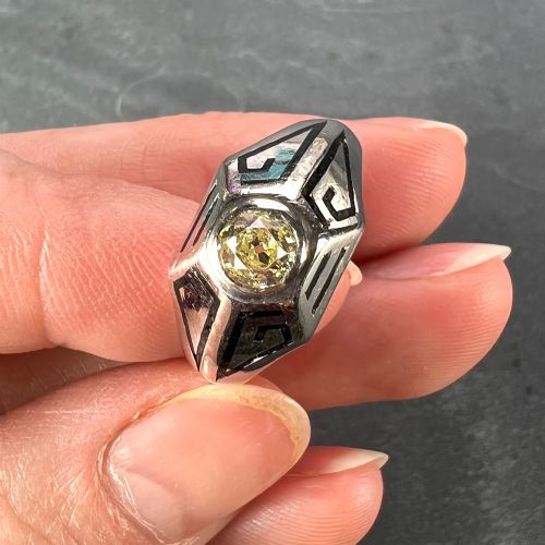 ART DECO TINTED YELLOW DIAMOND 14K WHITE GOLD ENAMEL RING - ADDITIONAL PHOTO 18