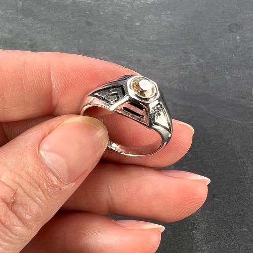 ART DECO TINTED YELLOW DIAMOND 14K WHITE GOLD ENAMEL RING - ADDITIONAL PHOTO 19