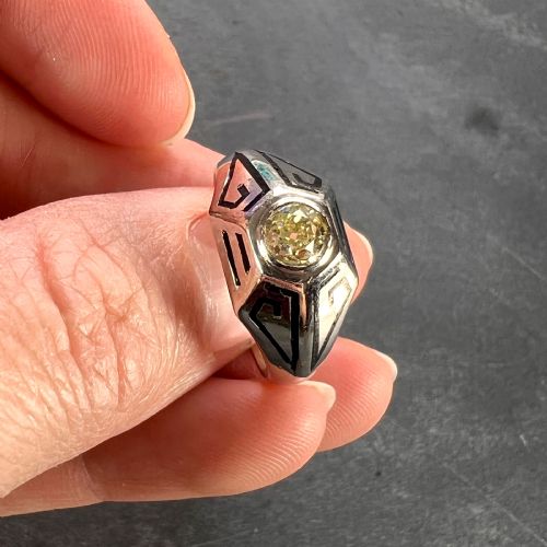 ART DECO TINTED YELLOW DIAMOND 14K WHITE GOLD ENAMEL RING - ADDITIONAL PHOTO 20