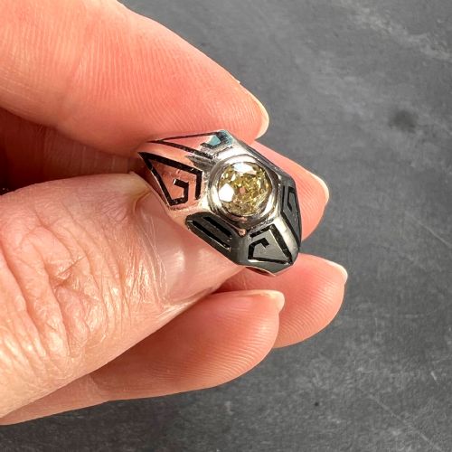 ART DECO TINTED YELLOW DIAMOND 14K WHITE GOLD ENAMEL RING - ADDITIONAL PHOTO 21