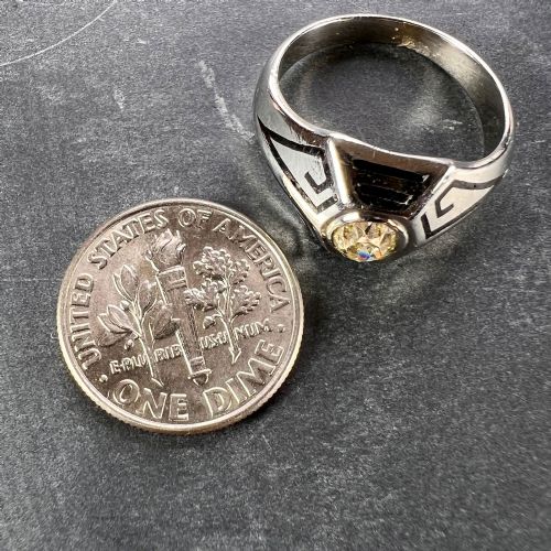 ART DECO TINTED YELLOW DIAMOND 14K WHITE GOLD ENAMEL RING - ADDITIONAL PHOTO 23