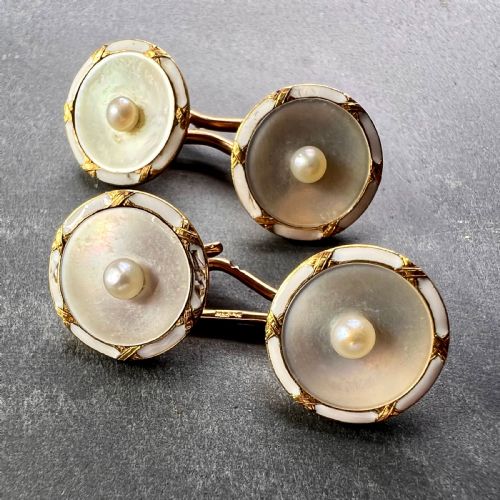FRENCH 18K YELLOW GOLD PEARL MOTHER OF PEARL AND ENAMEL CUFFLINKS - ADDITIONAL PHOTO 1