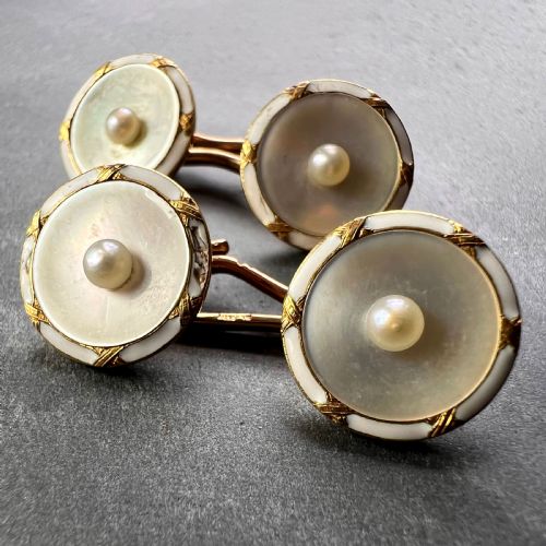 FRENCH 18K YELLOW GOLD PEARL MOTHER OF PEARL AND ENAMEL CUFFLINKS - ADDITIONAL PHOTO 2