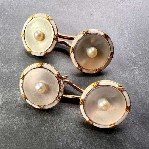 FRENCH 18K YELLOW GOLD PEARL MOTHER OF PEARL AND ENAMEL CUFFLINKS - ADDITIONAL PHOTO 3