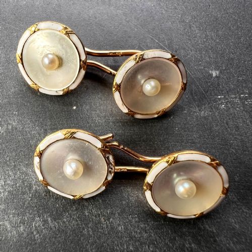 FRENCH 18K YELLOW GOLD PEARL MOTHER OF PEARL AND ENAMEL CUFFLINKS - ADDITIONAL PHOTO 4
