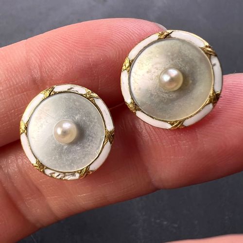 FRENCH 18K YELLOW GOLD PEARL MOTHER OF PEARL AND ENAMEL CUFFLINKS - ADDITIONAL PHOTO 6