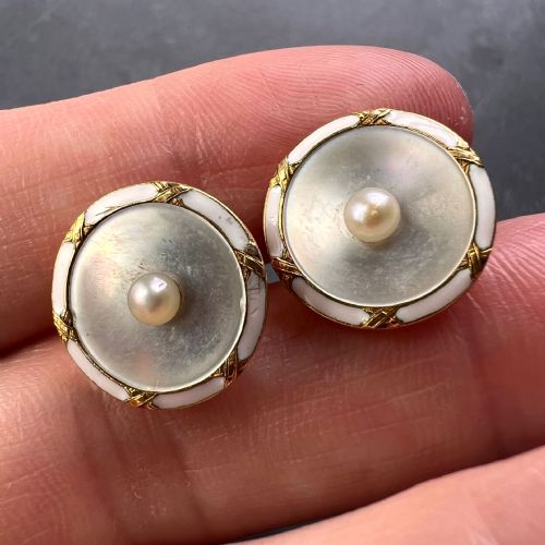 FRENCH 18K YELLOW GOLD PEARL MOTHER OF PEARL AND ENAMEL CUFFLINKS - ADDITIONAL PHOTO 7