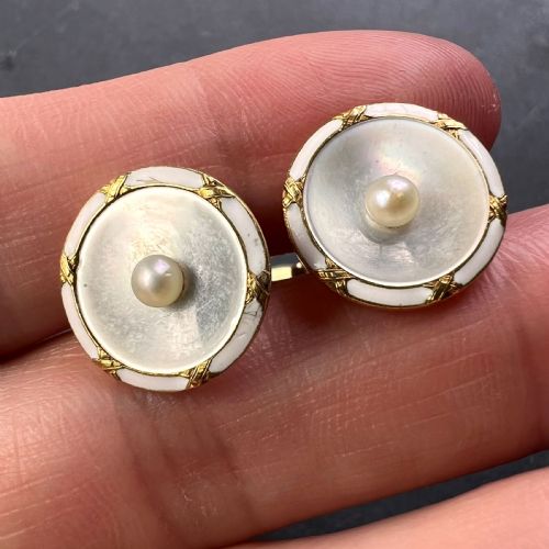 FRENCH 18K YELLOW GOLD PEARL MOTHER OF PEARL AND ENAMEL CUFFLINKS - ADDITIONAL PHOTO 8