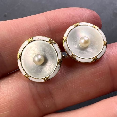 FRENCH 18K YELLOW GOLD PEARL MOTHER OF PEARL AND ENAMEL CUFFLINKS - ADDITIONAL PHOTO 9