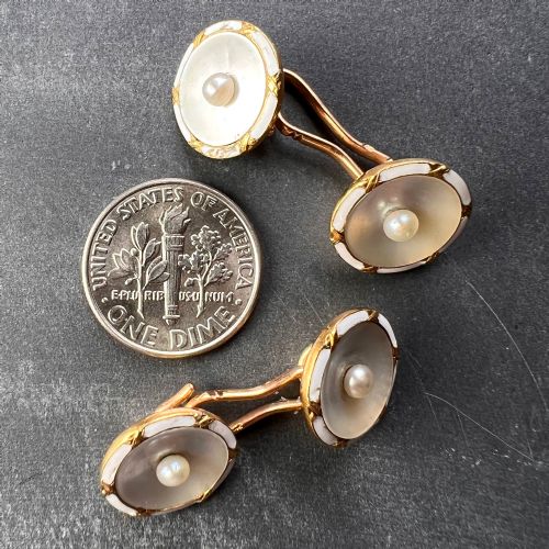 FRENCH 18K YELLOW GOLD PEARL MOTHER OF PEARL AND ENAMEL CUFFLINKS - ADDITIONAL PHOTO 13