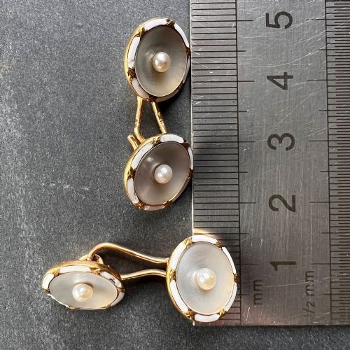 FRENCH 18K YELLOW GOLD PEARL MOTHER OF PEARL AND ENAMEL CUFFLINKS - ADDITIONAL PHOTO 14