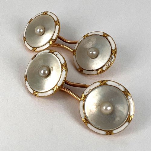 FRENCH 18K YELLOW GOLD PEARL MOTHER OF PEARL AND ENAMEL CUFFLINKS - ADDITIONAL PHOTO 15