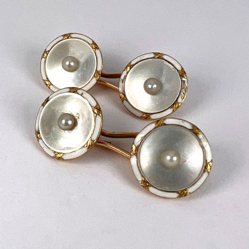 FRENCH 18K YELLOW GOLD PEARL MOTHER OF PEARL AND ENAMEL CUFFLINKS - ADDITIONAL PHOTO 16