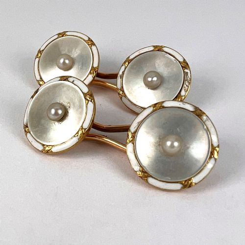 FRENCH 18K YELLOW GOLD PEARL MOTHER OF PEARL AND ENAMEL CUFFLINKS - ADDITIONAL PHOTO 17