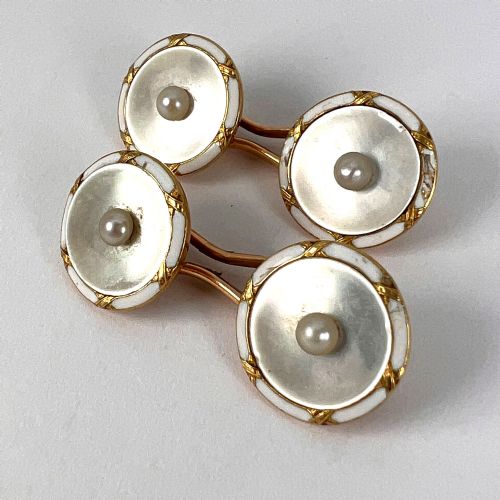 FRENCH 18K YELLOW GOLD PEARL MOTHER OF PEARL AND ENAMEL CUFFLINKS - ADDITIONAL PHOTO 18
